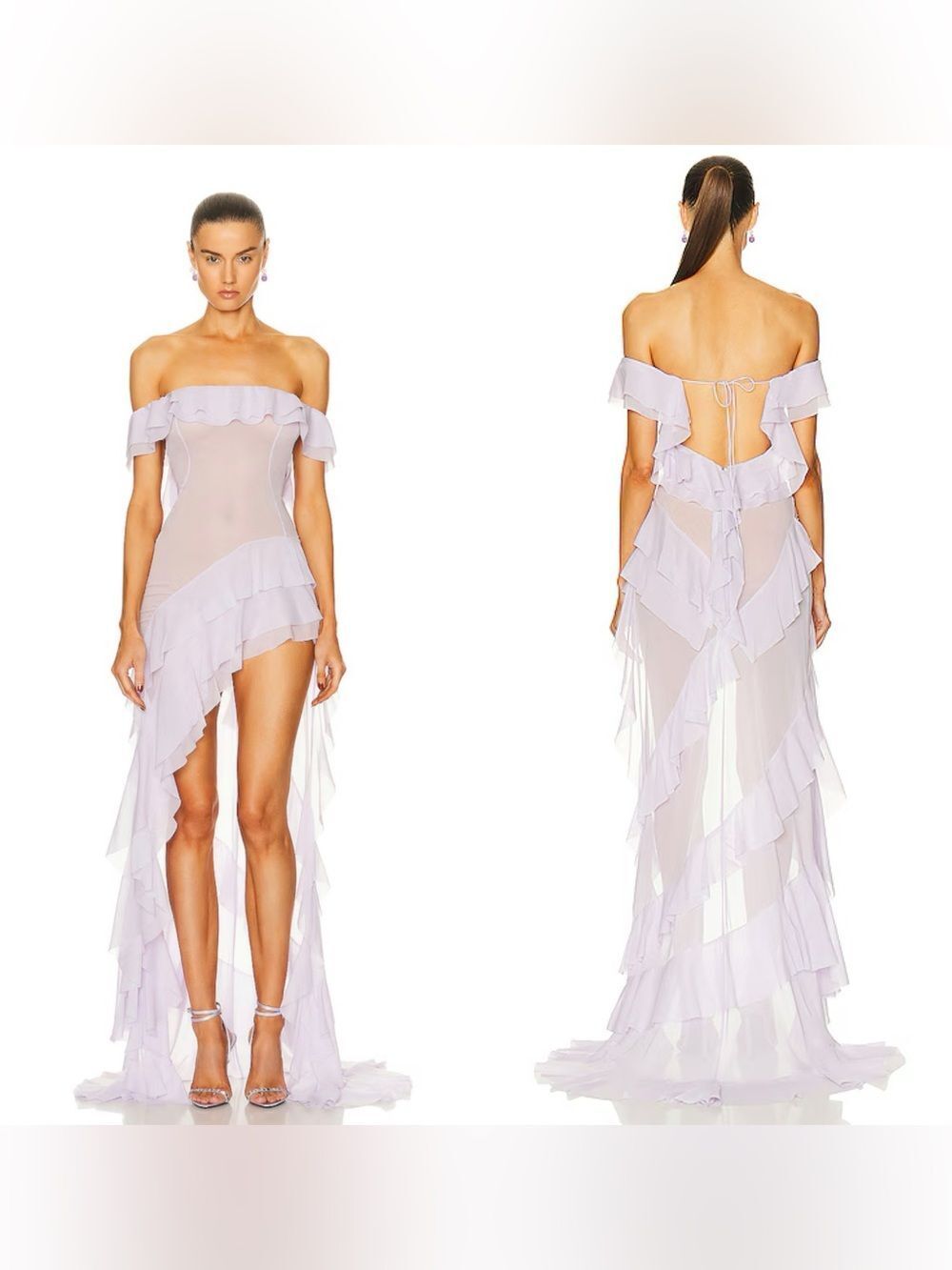 NWT $2500 HELSA The Thea Silk off shoulder ruffle Gown in lavender